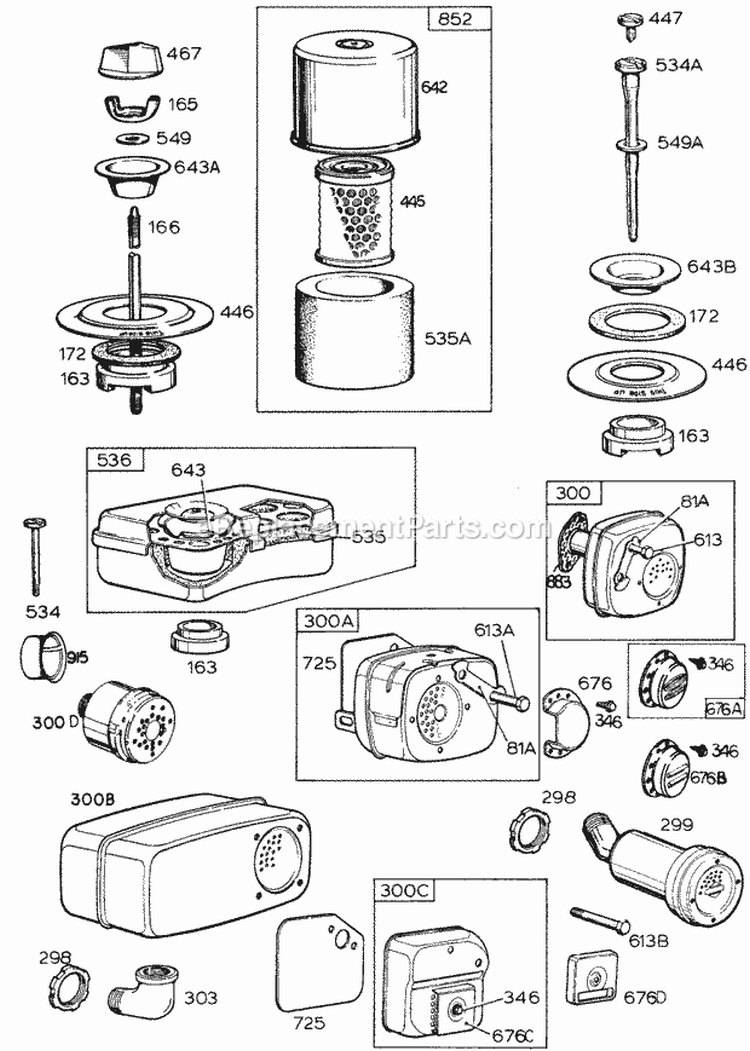 Air Cleaner Groups Mufflers Diagram and Parts List for  Briggs and Stratton Engine